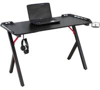 Mesa gaming led 120x60cm con tablero efecto fibra de carbono, mesa gamer de juegos, con posavasos y soporte para auriculares