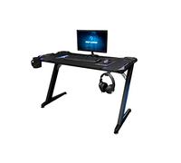 Mesa Gaming PC para e-sports con Iluminación LED RGB alimentada por USB, Textura de Fibra de Carbono, Gran Reposavasos, Guiado de Cables y Soporte para Auriculares. Color Negro