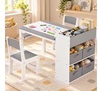 Mesa infantil con 2 sillas, mesa infantil con espacio de almacenamiento, juego de sillas de madera, mesa de pintura con rollo de papel y 4 cajas de almacenamiento, grupo de asientos para habitación
