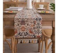 Mesa jacquard floral de doble capa para camino, patrón botánico de pájaros con flecos, tela de algodón de poliéster vintage para decoración de comedor (33 x 180 cm)