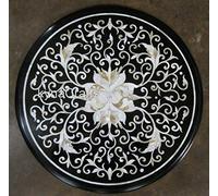 Mesa lateral de mármol negro con incrustaciones de nácar de 45,7 x 45,7 cm, hecha a mano, mesa de centro redonda de mármol para decoración del hogar y la oficina