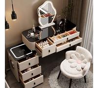 Mesa moderna 3 en 1 con espejo LED táctil, iluminación de 3 colores, taburete acolchado extraíble y armario Sto - Estadística de maquillaje ideal para uso doméstico