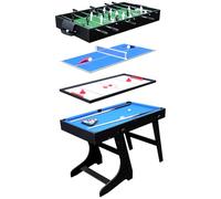 Mesa Multijuegos 4 en 1, Billar, Futbolín, Hockey y Tenis de Mesa, Armario de Juegos Plegable con Almacenamiento Vertical, Ideal para Niños y Familias