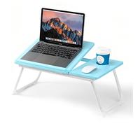 Mesa para Cama y Sofá: Plegable Bandeja para Cama con Tapa Ajustable y Portavasos, Mesa Cama Ordenador en Tablero MDF y Metal, 56x32x25 cm (Azul)