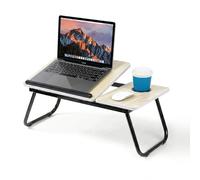 Mesa para Cama y Sofá - Plegable Bandeja para Cama con Tapa Ajustable y Portavasos, Mesa Cama Ordenador en Tablero MDF y Metal, 56x32x25 cm, Madera Clara