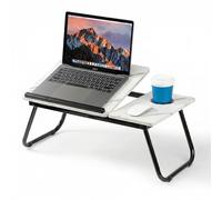 Mesa para Cama y Sofá - Plegable Bandeja para Cama con Tapa Ajustable y Portavasos, Mesa Cama Ordenador en Tablero MDF y Metal, 56x32x25 cm, Blanco Efecto Mármol