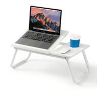 Mesa para Cama y Sofá - Plegable Bandeja para Cama con Tapa Ajustable y Portavasos, Mesa Cama Ordenador en Tablero MDF y Metal, 56x32x25 cm, Blanco