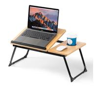 Mesa para Cama y Sofá: Plegable Bandeja para Cama con Tapa Ajustable y Portavasos, Mesa Cama Ordenador en Tablero MDF y Metal, 56x32x25 cm (Nuez Ligera)