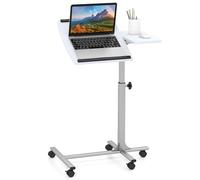 Mesa para portátil con altura ajustable y bandeja en forma de C con ruedas bloqueables y parte superior inclinable, escritorio para computadora con ruedas para sentarse y pararse para oficina en cas