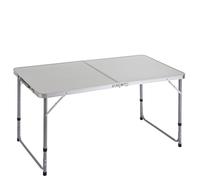 Mesa Plegable Camping y Playa 120x60x70 cm, Atura Regulable 50-60-70 cm, Mesa Picnic portátil con asa Transporte, Patas Plegables Acero, Tablero MDF Aspecto Madera Nogal, Gris, antivuelco y compacta.
