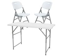 Mesa Plegable de Altura regulable 122x60x50-74cm, y Set de 2 Sillas plegables 51x45x85,5cm, ideal para exteriores