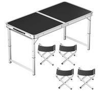 Mesa plegable de aluminio ajustable portátil para acampar al aire libre con asa, mesa de comedor plegable compacta para oficina, 100 x 50 cm, color negro + 4 taburetes