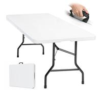 Mesa Plegable Exterior 180x74cm, Mesa de Jardín Plegable para 8 Personas, Blanca con Tablero de Plástico y Estructura de Hierro, 150 kg, 3 Cierres de Seguridad, Mesa de Buffet para Terraza Balcón