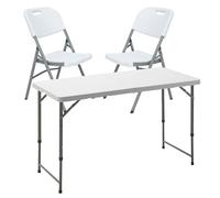 Mesa Plegable Multifuncional de Altura regulable 120x60x52,5-75 cm, y Set de 2 Sillas plegables 51x45x85,5cm, ideal para exteriores