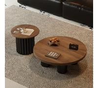 Mesa plegable multifuncional, Juego de 2 mesas de centro redondas de madera de mediados de siglo, mesa auxiliar moderna con acento circular for cócteles y sala de estar.(80cm combination walnut+black)