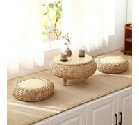 Mesa plegable multifuncional, Mesa de centro redonda de ratán japonesa, mesa auxiliar de mimbre tejida a mano con dos cojines de futón, plataforma de tatami baja portátil for sala de estar, ventana sa