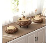 Mesa plegable multifuncional, Mesa de centro redonda de ratán japonesa, mesa auxiliar de mimbre tejida a mano con dos cojines de futón, plataforma de tatami baja portátil for sala de estar, ventana sa