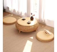 Mesa plegable multifuncional, Mesa de centro redonda de ratán japonesa, mesa auxiliar de mimbre tejida a mano con dos cojines de futón, plataforma de tatami baja portátil for sala de estar, ventana sa