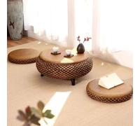 Mesa plegable multifuncional, Mesa de centro redonda de ratán japonesa, mesa auxiliar de mimbre tejida a mano con dos cojines de futón, plataforma de tatami baja portátil for sala de estar, ventana sa