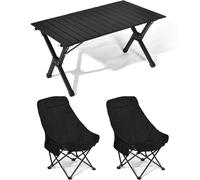 Mesa plegable portátil para exteriores, resistente a la intemperie, mesa de camping enrollable, mesa de comedor de 90 cm para balcón, picnic, fiesta, barbacoa, incluye 2 sillas altas de camping (negro