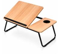 Mesa Reclinable para Cama y Sofá, Bandeja Plegable con Portavasos, Ideal para Ordenador Portátil y Libros, con Cinco Alturas, Mesita Auxiliar Multiusos de MDF, Acero y Plástico (Natural)