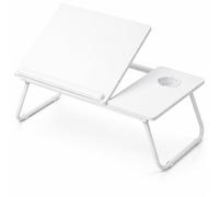 Mesa Reclinable para Cama y Sofá, Bandeja Plegable con Portavasos, Ideal para Ordenador Portátil y Libros, con Cinco Alturas, Mesita Auxiliar Multiusos de MDF, Acero y Plástico (Blanco)