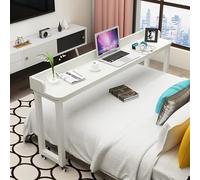 Mesa rodante para cama con ruedas, moderna estación de trabajo para computadora móvil, marco de madera gruesa y hierro, 170 x 40 x 80 cm, diseño blanco simple, versátil mesita de noche para el hogar y