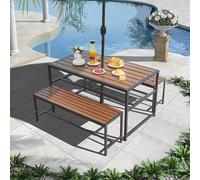 Mesa y Bancos de Picnic, Juego de Comedor para Patio de 4 a 6 Personas, Estructura Metálica, Mesa de Picnic con Agujero para Sombrilla y Estante para Camping Fiesta Barbacoa Exterior Jardín Terraza