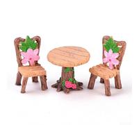 Mesa y silla de resina Garden Craft para escenas de jardín de hadas, diseños de casa de muñecas, terrarios y uso de exhibición de plantas maduras (madera, con flores, mesa redonda)