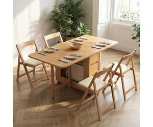Mesa Y Sillas Plegables - Juego De Mesa De Comedor Plegable Completamente Ensamblado Con Almacenamiento Y Ruedas Con Bloqueo, Mesa Mariposa De Madera Maciza Que Ahorra Espacio Con 4 Sillas Para