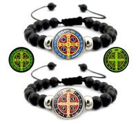 MESARCH 2 pulseras católicas que brillan en la oscuridad, con rosario negro, cordón ajustable, regalos religiosos para hombres, mujeres y parejas, Talla única, Vidrio Resina Piedra, No es una piedra