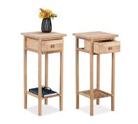 Relaxdays Mesas Auxiliares Estrechas, Set de 2, Mesitas Teléfono Madera, 60x25x25 cm, con Cajón, Pasillo, Salón, Natural, Tablero de Fibras
