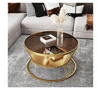 Mesas de centro Mesa de centro redonda 2 niveles 23.6" con estante almacenamiento abierto for sala estar, mesa vidrio templado, marco metal, central simple y moderna for espacios pequeños(Gold+Brown)