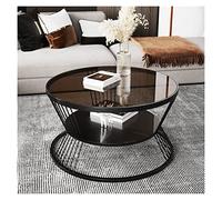 Mesas de centro Mesa de centro redonda 2 niveles 23.6" con estante almacenamiento abierto for sala estar, mesa vidrio templado, marco metal, central simple y moderna for espacios pequeños(Black+Brown)