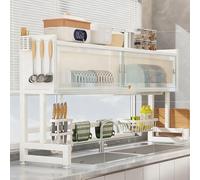 MESCXTY Scolapiatti sopra il lavandino, Grande Organizer con ganci e sportello Trasparente, scolapiatti per il bancone Della cucina, salvaspazio (Bianco, 75 cm/29,5 pollici)