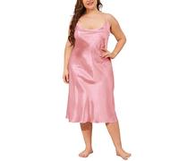 Mesduri Camisón Sexy de Satén Largo con Tirantes Talla Grande Camisones de Mujer Sin Mangas Ropa para Dormir Vestido Color Sólido Verano (Rosa, 5XL)