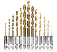 Mesee Juego de 13 brocas en espiral HSS, vástago hexagonal de 1/4 pulgadas, juego de brocas de metal con revestimiento de titanio, cambio rápido, control de impacto, juego de brocas en espiral para