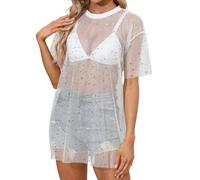 Mesh Beach Cover Up Dress Sheer See Through Sarong Kimono Bikini Swimsuit Wrap Sun (White, M)