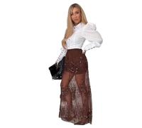 Mesh Sequined Patchwork Long Skirt Women Fashion High Waist A-Line Skirts Elegant Casual Vintage Black(Red,S)