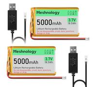 Meshnology 2 baterías de litio de 3.7 V 5000 mAh 105080 con cable de carga USB PH 2.0, batería LiPo 1S con placa de protección, cinta de goma aislada para Arduino ESP32, placa de módulo, dron, coche
