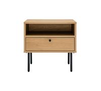 Mesilla de noche con espacio de almacenaje, acabado roble claro y patas de metal negro PERNELLE