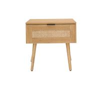 Mesilla de noche de madera clara, mimbre y metal negro MANILLE