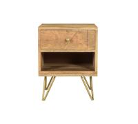 Mesilla de noche de madera de mango macizo tallada y metal dorado LINIUM