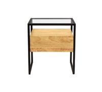 Mesilla de noche de madera maciza de mango, cristal y metal negro con cajón DIYA