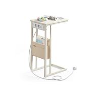 VASAGLE Mesa Auxiliar, Mesita de Noche con Estación de Carga, en Forma de C, para Espacios Pequeños, 2 Puertos USB y Enchufes, Bolsa, pies Ajustables, para Dormitorio, Salón, Blanco Crema LET356W02