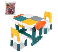 Mesita de juego infantil con 2 sillas y 300 bloques de construcción, set multifuncional para actividades, mesa y silla con de almacenamiento, ideal para habitaciones infantiles y guarderías