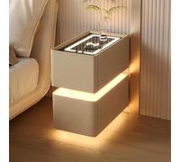 Mesita de noche ajustable con luz LED y 2 cajones, mesa de noche delgada de madera 2024 con estación de carga (caqui, 9.8 x 15.7 x 19.6 pulgadas)