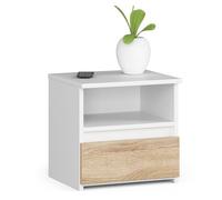AKORD | Mesita de Noche pequeña con 1 cajón y 1 Estante | Armario de Dormitorio | Mueble Multiusos | CajoNero para Escritorio | 40x40x35cm | Laminado de aglomerado de 16 mm | Blanco/Roble Sonoma