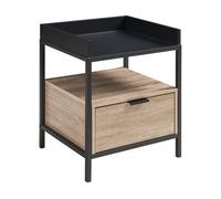 [en.casa] Mesita de Noche Belana Mesa Auxiliar Mesa de Sofá Multifuncional con Cajón y 1 Compartimento Abierto Elegante Aglomerado Metal 51 x 40 x 35 cm - Negro/Efecto Roble