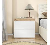 Mesita de noche blanca y roble con almacenamiento, mesa auxiliar de dormitorio con 2 cajones, tablero de partículas E1, diseño moderno, perfecta para dormitorio o sala de estar, muebles elegantes y